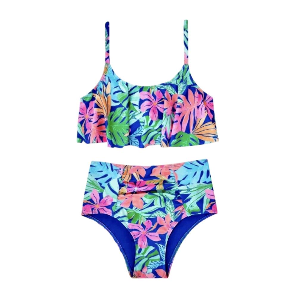 New Member's Mark 2-piece Bikini Set Flounce Swim UPF 50+ tropical Girls 14/16